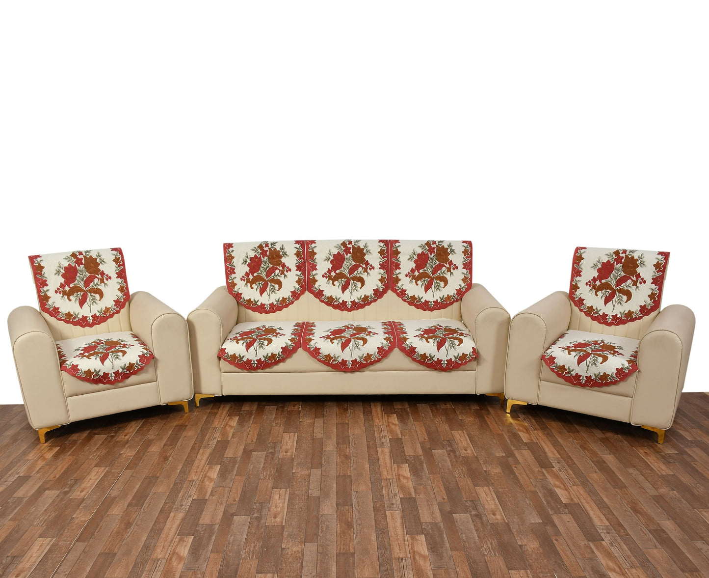 Bigger Fish Poly Cotton Net Fabric 5 Seater Sofa Cover - 10 Pieces (Maroon)