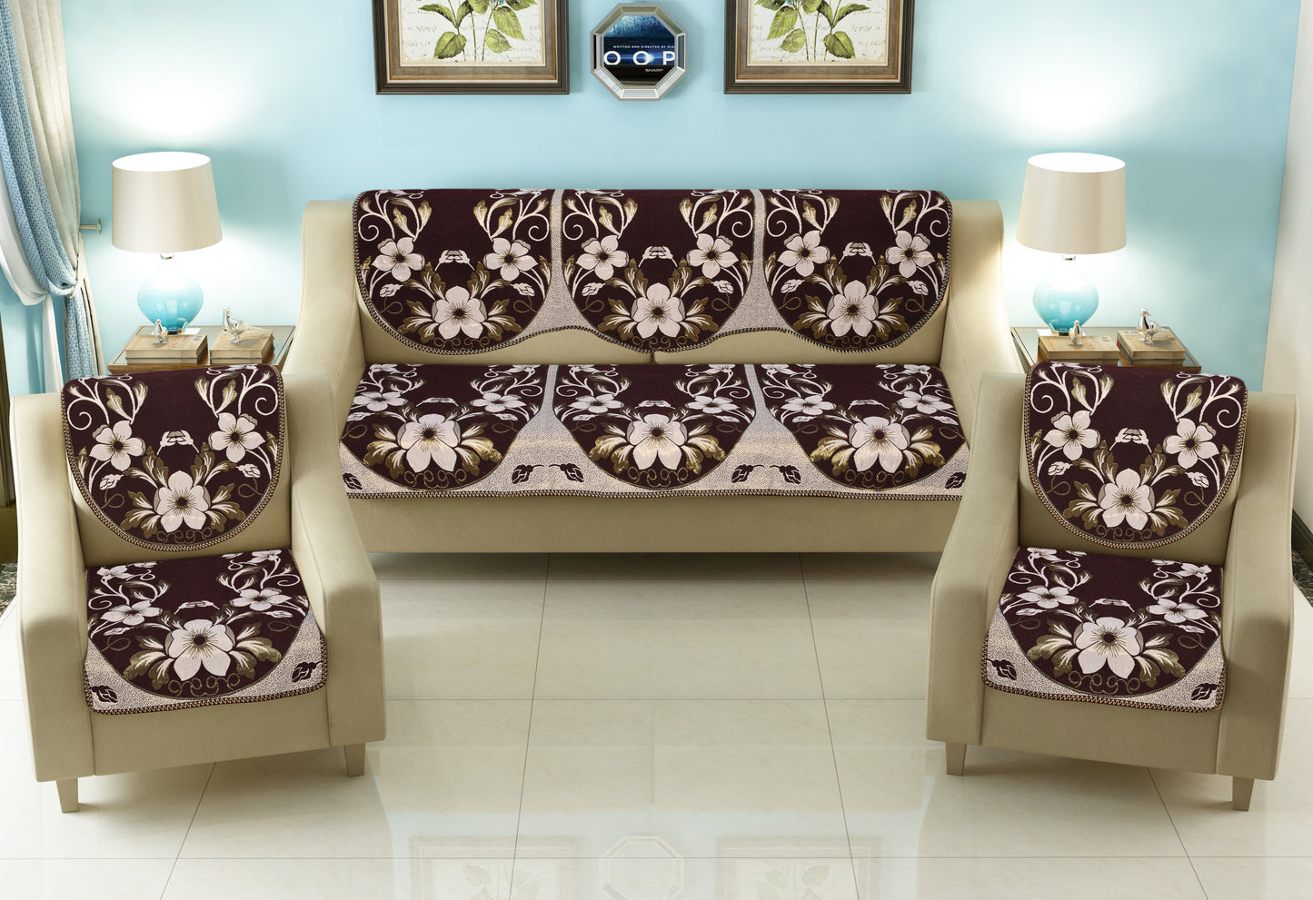 Bigger Fish Poly Cotton  5 Seater Sofa Cover - 10 Pieces (Coffee)