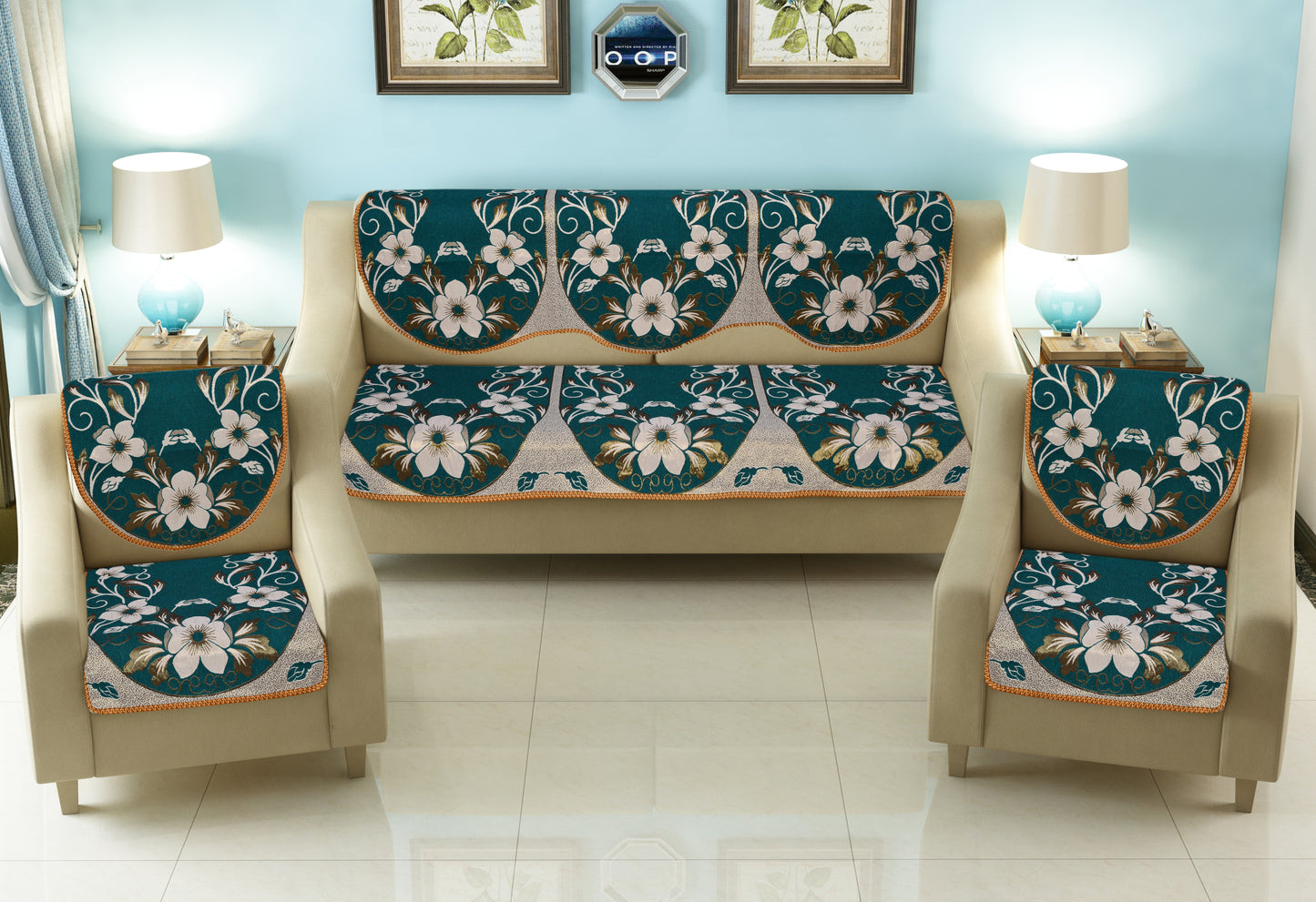 Bigger Fish Poly Cotton  5 Seater Sofa Cover - 10 Pieces (Green)