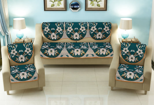 Bigger Fish Poly Cotton  5 Seater Sofa Cover - 10 Pieces (Green)