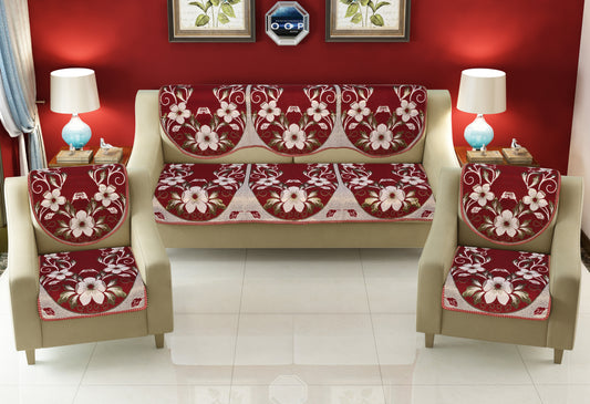 Bigger Fish Cotton Net Fabric 5 Seater Sofa Cover - 10 Pieces (Maroon)