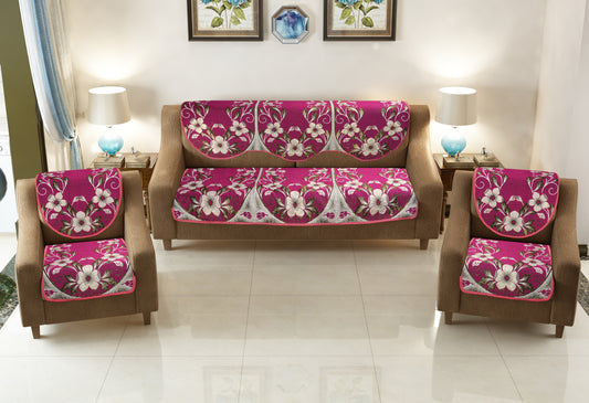 Bigger Fish Cotton Net Fabric 5 Seater Sofa Cover - 10 Pieces (Pink)