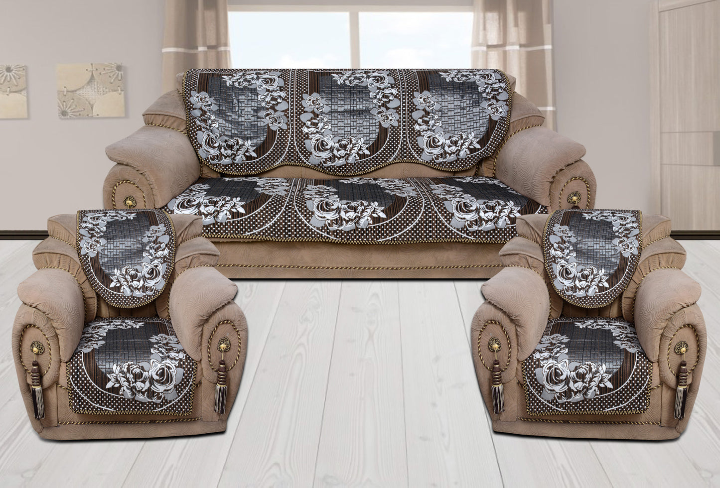 Bigger Fish Poly Cotton  Fabric 5 Seater Sofa Cover - 10 Pieces (Coffee)
