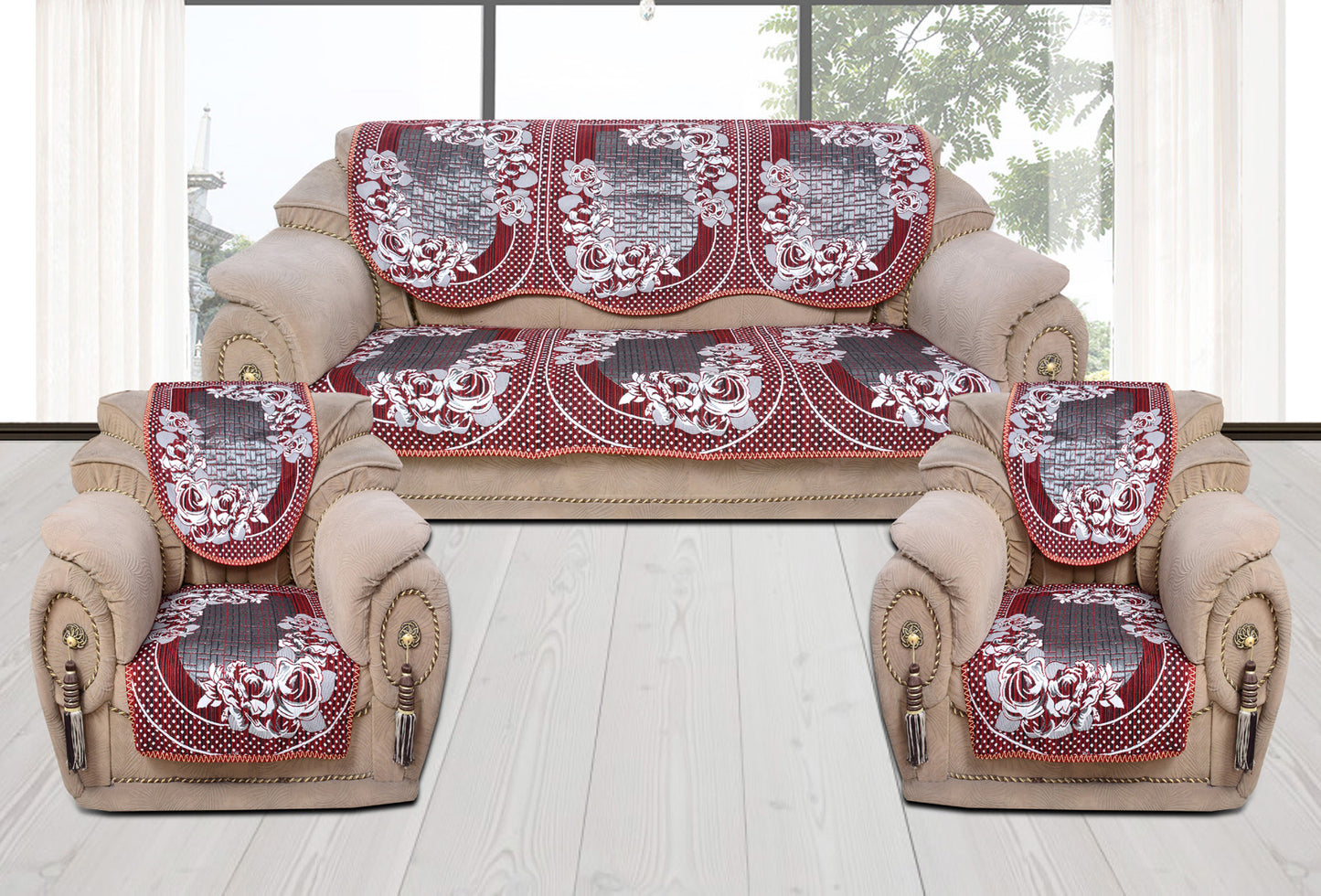 Bigger Fish Poly Cotton Fabric 5 Seater Sofa Cover - 10 Pieces (Maroon)