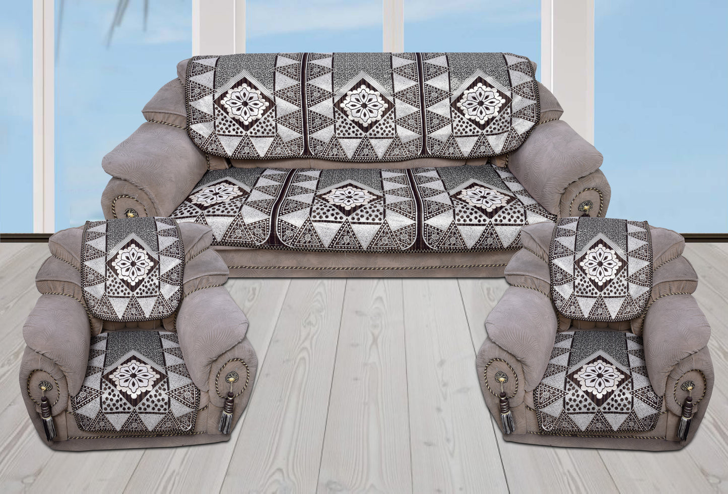 Bigger Fish Poly Cotton  Fabric 5 Seater Sofa Cover - 10 Pieces (Coffee)