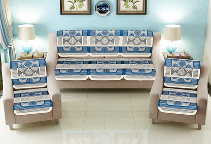 Bigger Fish Poly Cotton Net Fabric 5 Seater Sofa Cover - 10 Pieces (Blue)