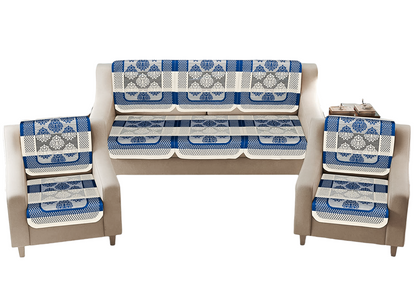 Bigger Fish Poly Cotton Net Fabric 5 Seater Sofa Cover - 10 Pieces (Blue)