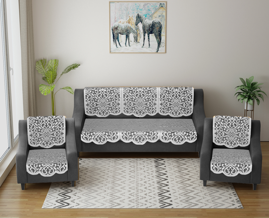 Bigger Fish Poly Cotton Net Fabric 5 Seater Sofa Cover - 10 Piece (Grey)