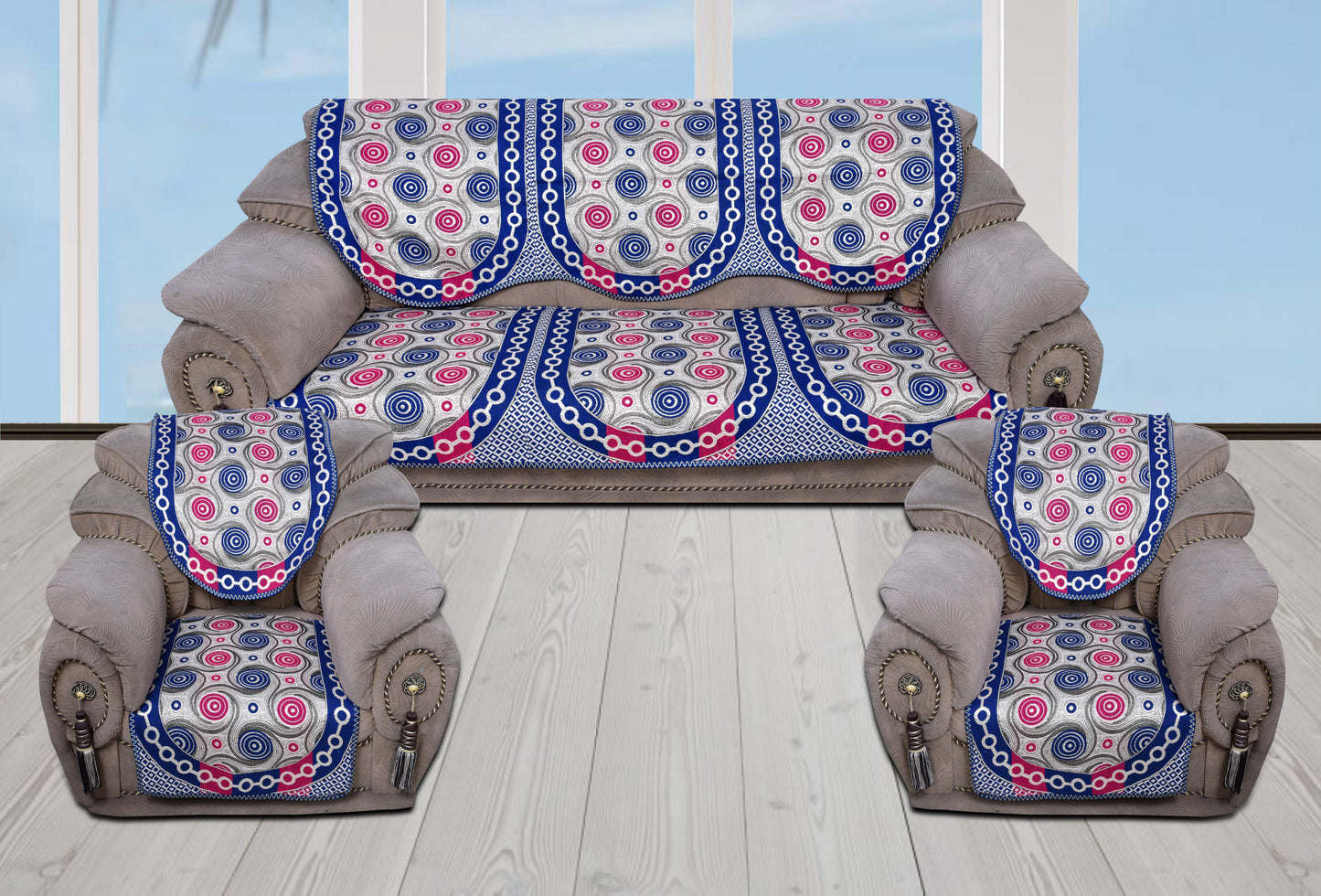 Bigger Fish Poly Cotton  Fabric 5 Seater Sofa Cover - 10 Pieces (Blue)
