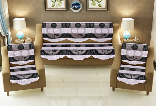 Bigger Fish Poly Cotton Net Fabric Floral, Abstract Design 5 Seater Sofa Cover - 10 Pieces (Silky Patta Black)