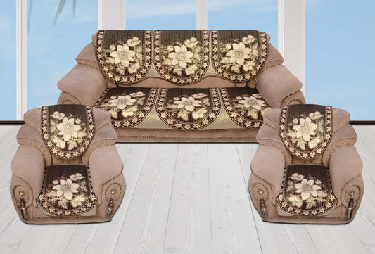Bigger Fish Cotton Net Fabric 5 Seater Sofa Cover - 10 Pieces (Coffee)