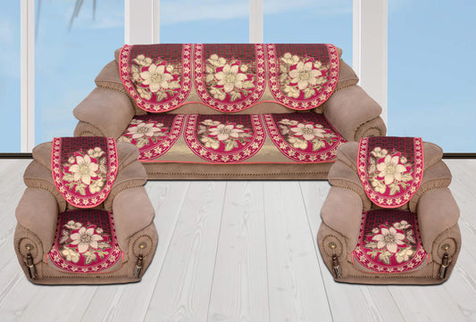 Bigger Fish Cotton Net Fabric 5 Seater Sofa Cover - 10 Pieces (Pink)