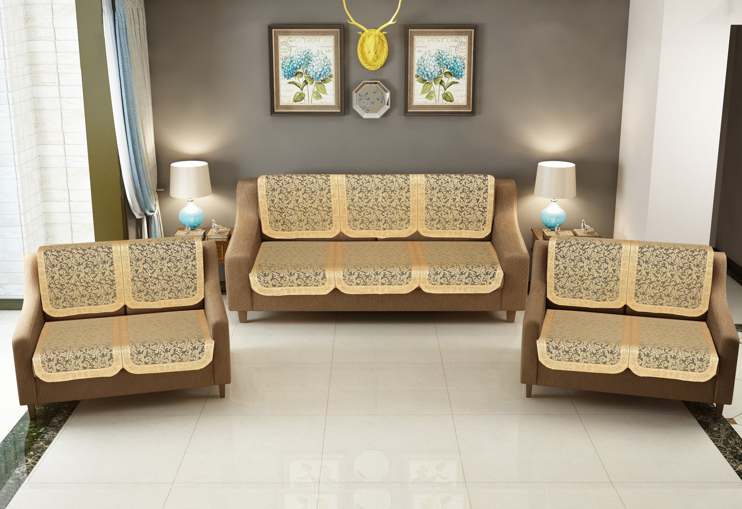 Bigger Fish Poly Cotton Net Fabric Jaal Pattern 7 Seater 28x23 Inch Sofa Cover - 14 Pieces (Gold)