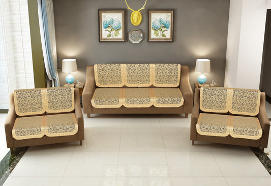 Bigger Fish Poly Cotton Net Fabric Jaal Pattern 7 Seater 28x23 Inch Sofa Cover - 14 Pieces (Gold)