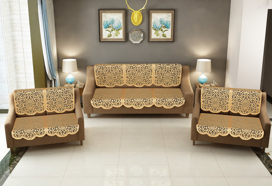 Bigger Fish Poly Cotton Net Fabric Floral 7 Seater 28x23 Inch Sofa Cover - 14 Pieces (Gold)