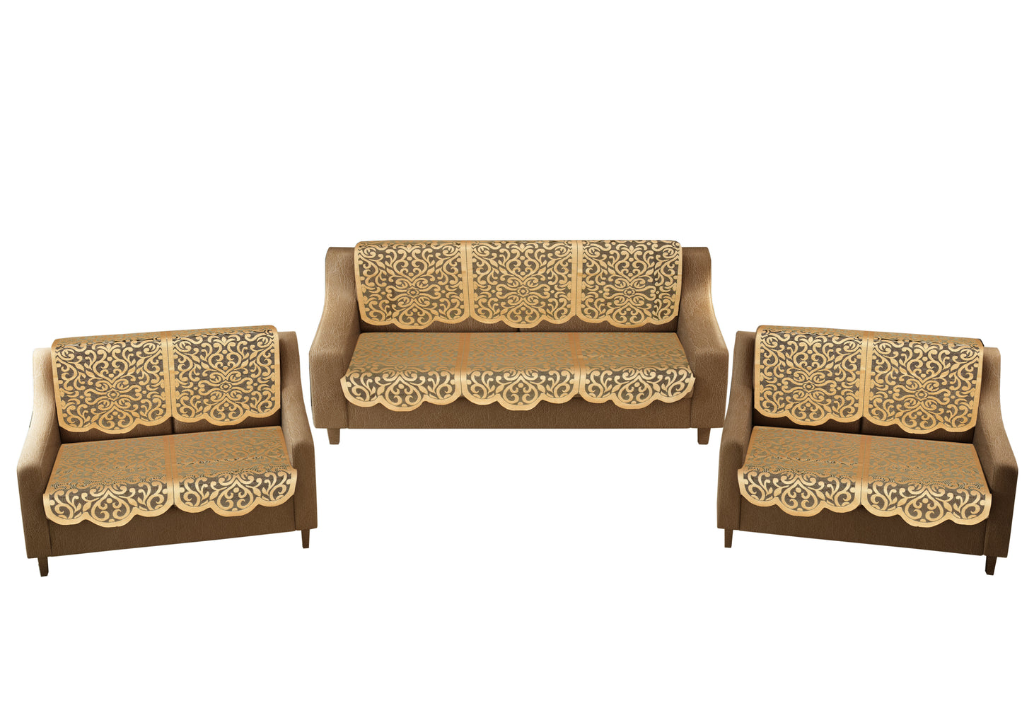 Bigger Fish Poly Cotton Net Fabric Floral 7 Seater 28x23 Inch Sofa Cover - 14 Pieces (Gold)