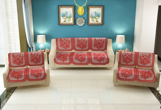 Bigger Fish Poly Cotton Net Fabric Floral 7 Seater 28x23 Inch Sofa Cover - 14 Pieces (Red)
