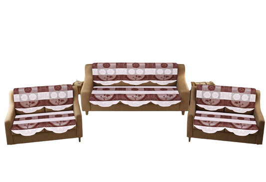 Bigger Fish Poly Cotton Net Fabric Floral 7 Seater 28x23 Inch Sofa Cover - 14 Pieces (Brown)