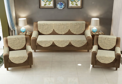 Bigger Fish Poly Cotton Net Fabric Floral Design 5 Seater Sofa Cover with 6 Pcs Arms Cover - 16 Pieces (Cream)