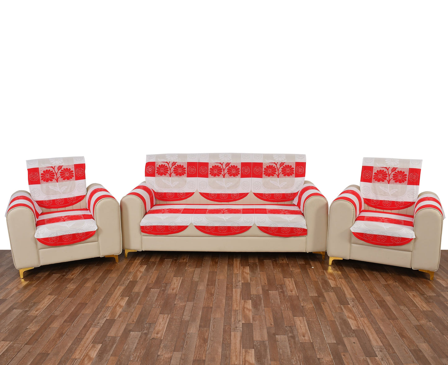 Bigger Fish Poly Cotton Net Fabric Floral Design 5 Seater Sofa Cover with 6 Pcs Arms Cover - 16 Pieces (Red)