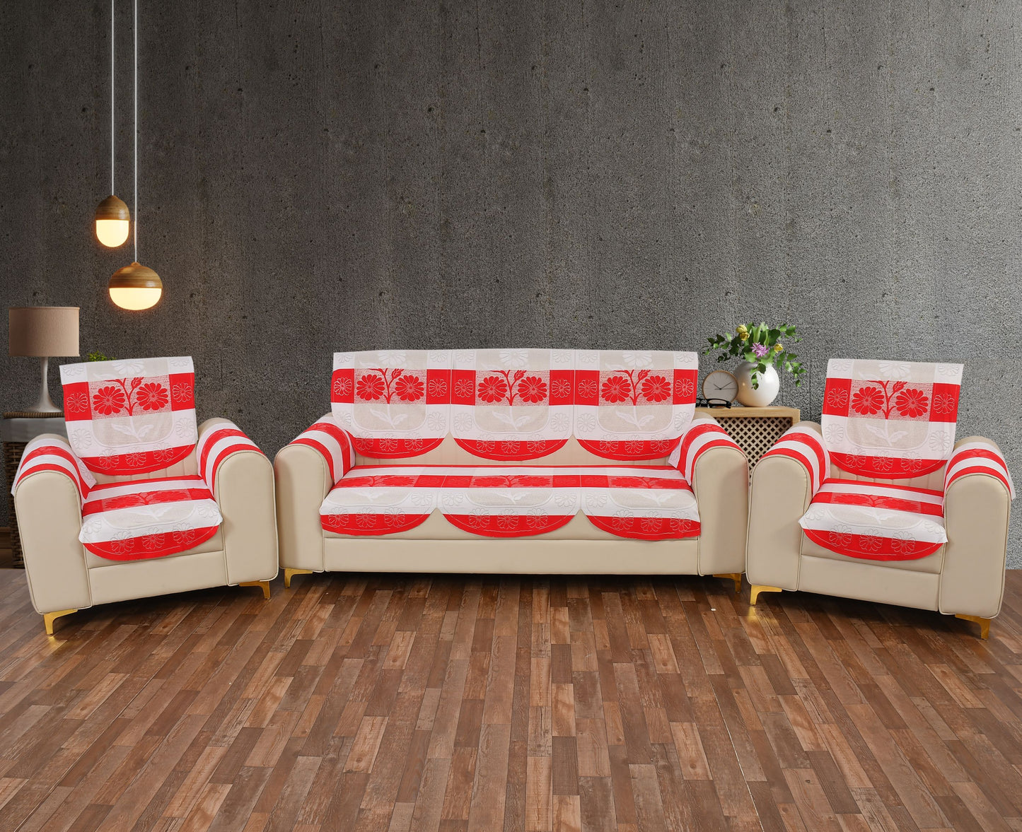 Bigger Fish Poly Cotton Net Fabric Floral Design 5 Seater Sofa Cover with 6 Pcs Arms Cover - 16 Pieces (Red)