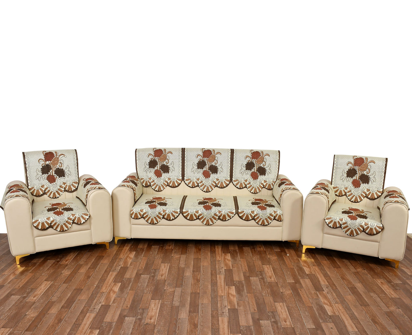 Bigger Fish Poly Cotton Net Fabric Floral Design 5 Seater Sofa Cover with 6 Pcs Arms Cover - 16 Pieces (Brown)