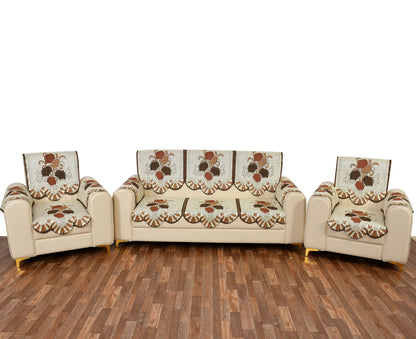 Bigger Fish Poly Cotton Net Fabric Floral Design 5 Seater Sofa Cover with 6 Pcs Arms Cover - 16 Pieces (Brown)