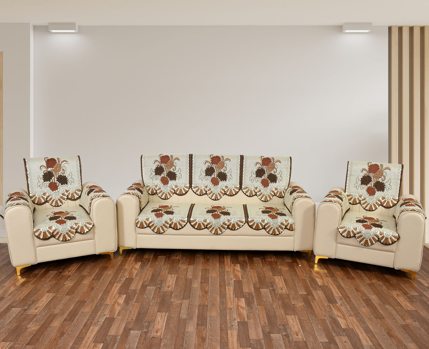 Bigger Fish Poly Cotton Net Fabric Floral Design 5 Seater Sofa Cover with 6 Pcs Arms Cover - 16 Pieces (Brown)