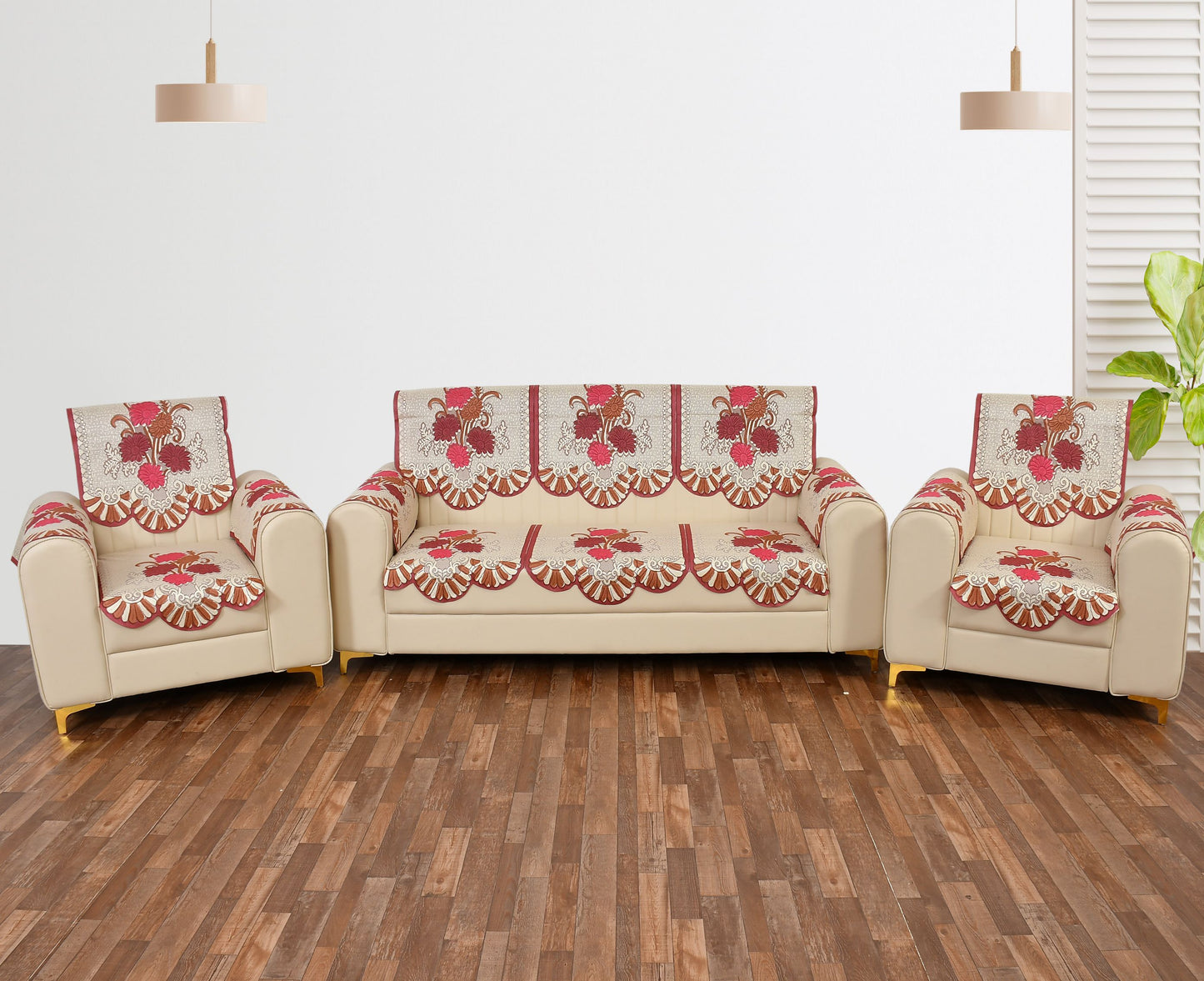 Bigger Fish Poly Cotton Net Fabric Floral Design 5 Seater Sofa Cover with 6 Pcs Arms Cover - 16 Pieces (Maroon)