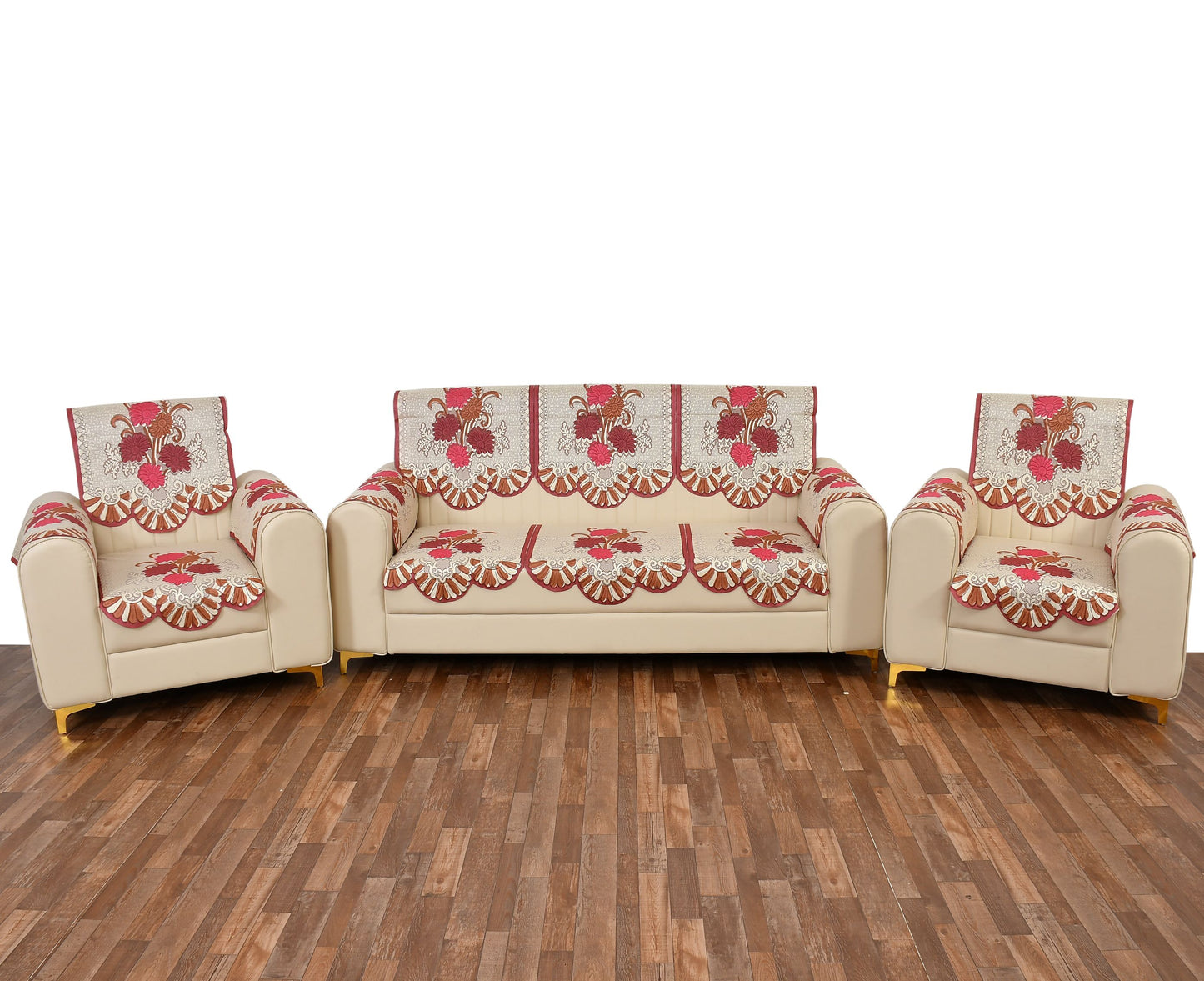 Bigger Fish Poly Cotton Net Fabric Floral Design 5 Seater Sofa Cover with 6 Pcs Arms Cover - 16 Pieces (Maroon)