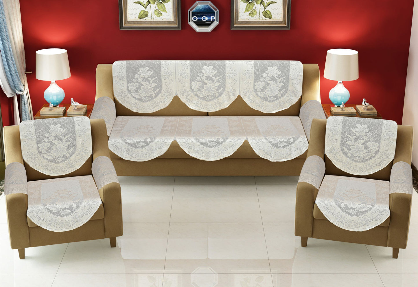 Bigger Fish Poly Cotton Net Fabric Floral Design 5 Seater Sofa Cover with 6 Pcs Arms Cover - 16 Pieces (Cream)