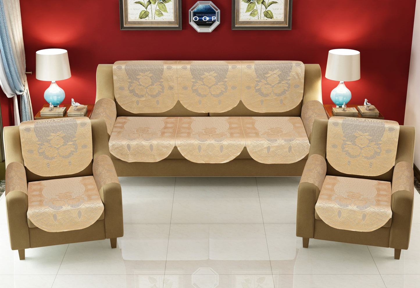 Bigger Fish Poly Cotton Net Fabric Floral Design 5 Seater Sofa Cover with 6 Pcs Arms Cover - 16 Pieces (Fown)