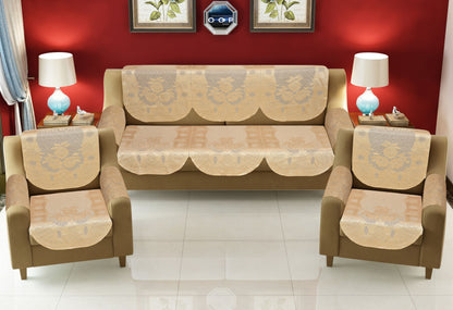 Bigger Fish Poly Cotton Net Fabric Floral Design 5 Seater Sofa Cover with 6 Pcs Arms Cover - 16 Pieces (Fown)