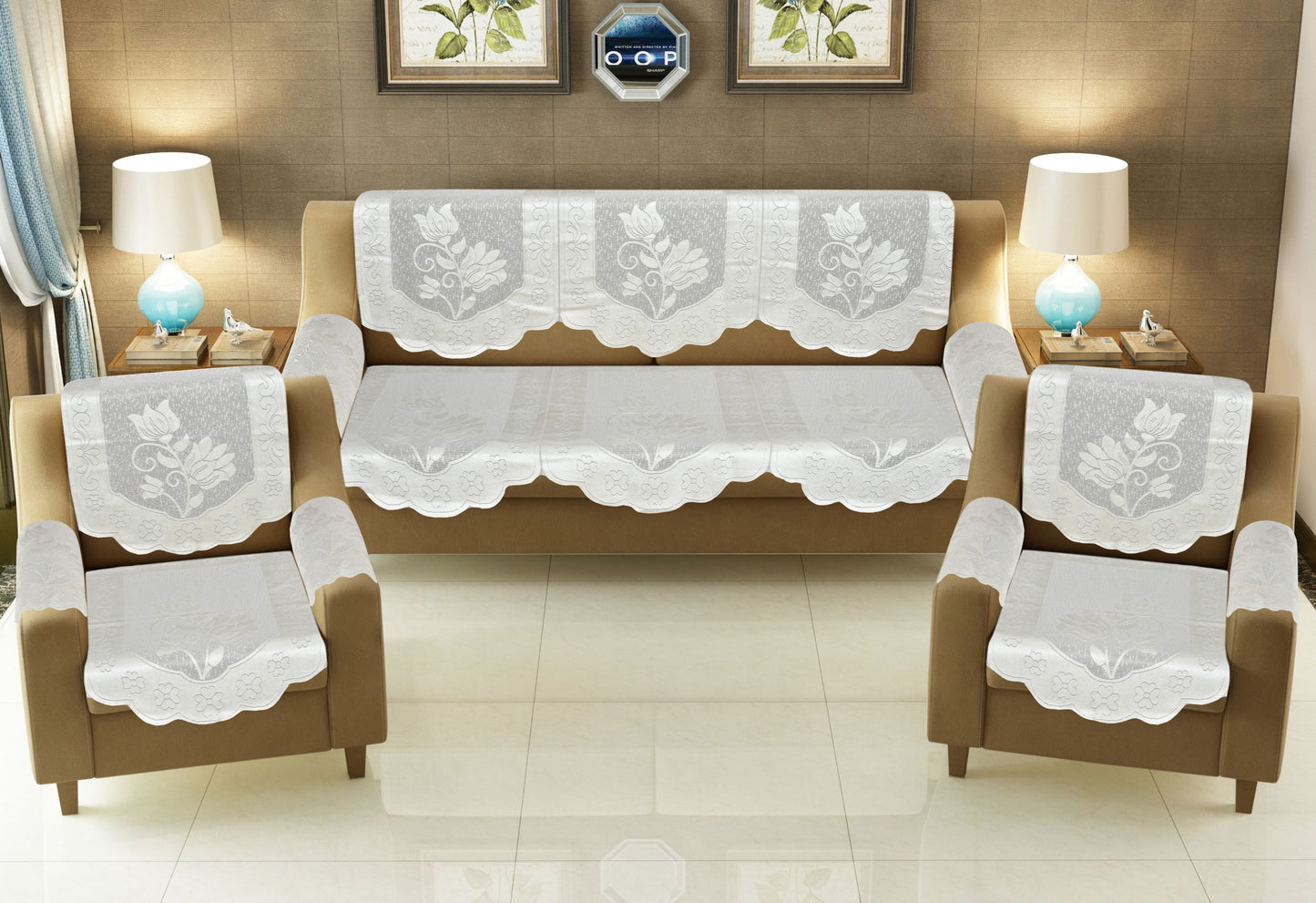 Bigger Fish Poly Cotton Net Fabric Floral Design 5 Seater Sofa Cover with 6 Pcs Arms Cover - 16 Pieces (White)