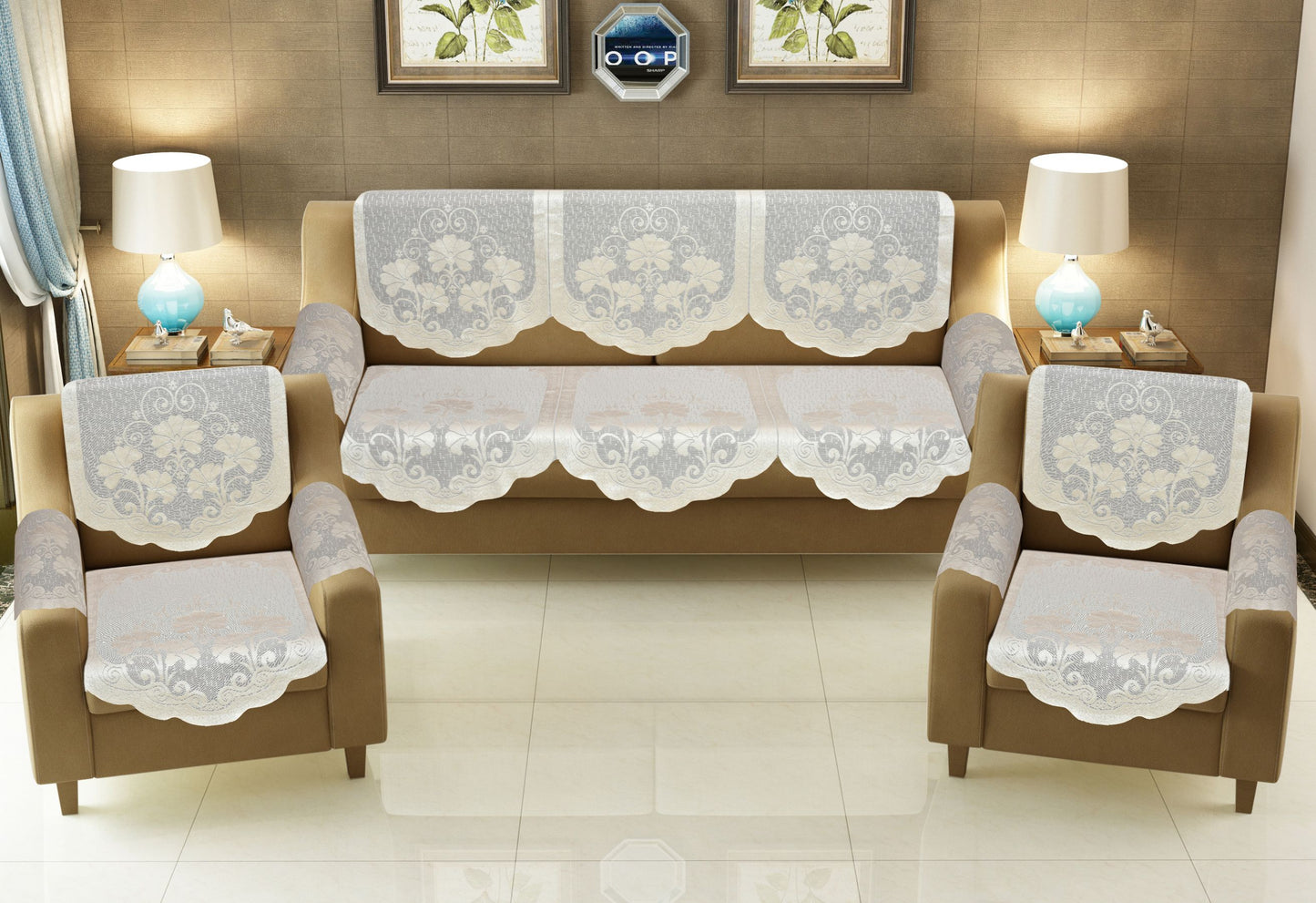 Bigger Fish Poly Cotton Net Fabric Floral Design 5 Seater Sofa Cover with 6 Pcs Arms Cover - 16 Pieces (Cream)