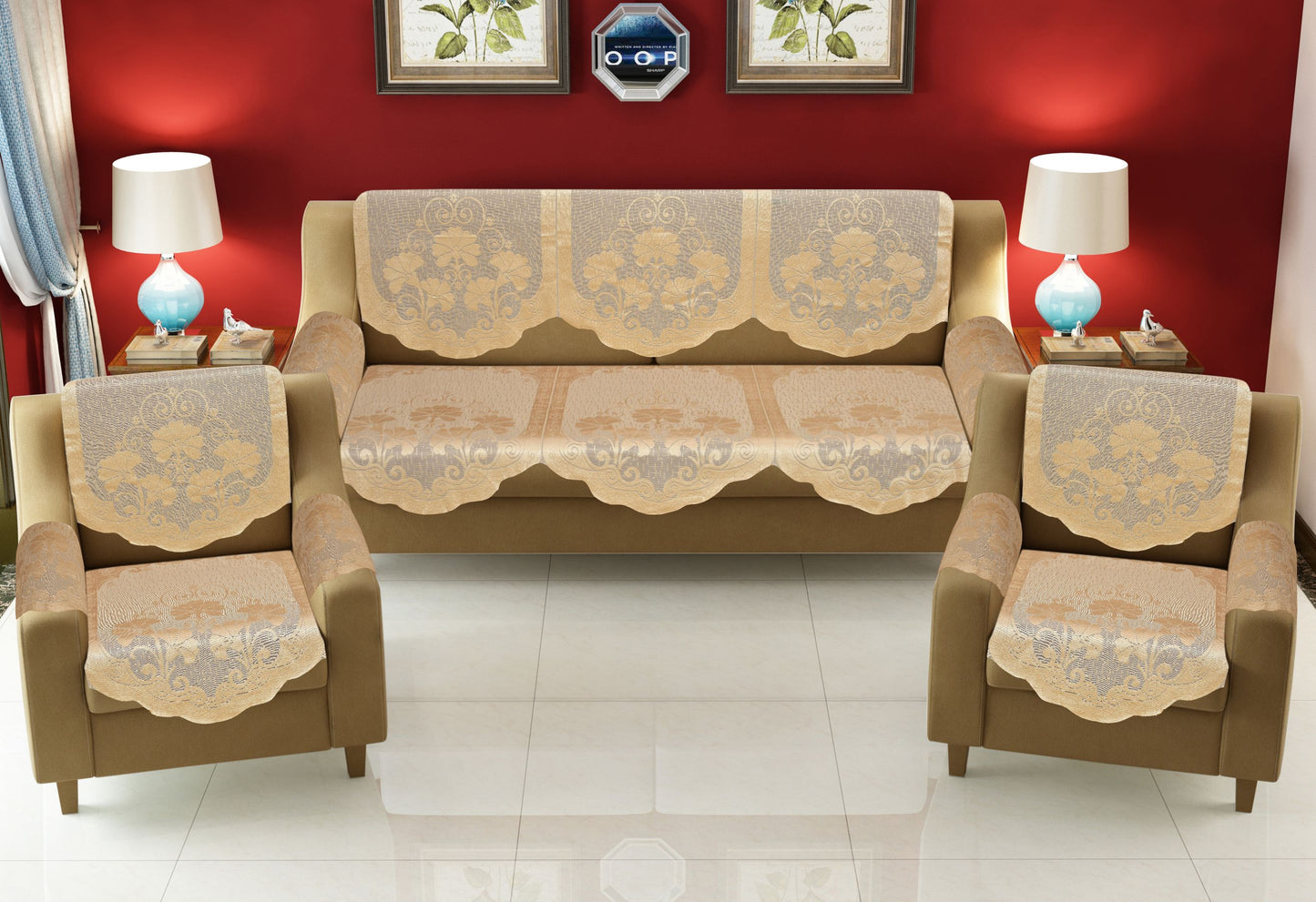 Bigger Fish Poly Cotton Net Fabric Floral Design 5 Seater Sofa Cover with 6 Pcs Arms Cover - 16 Pieces (Fown)