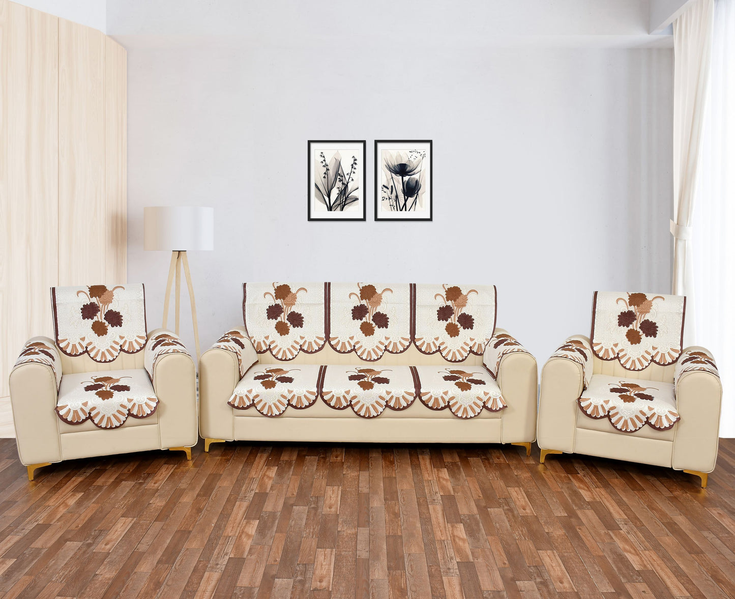 Bigger Fish Poly Cotton Net Fabric Floral Design 5 Seater Sofa Cover with 6 Pcs Arms Cover - 16 Pieces (Brown)