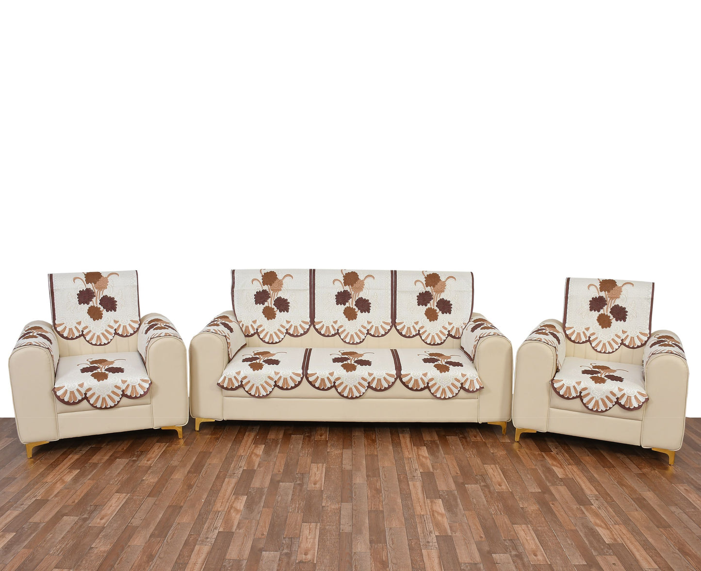 Bigger Fish Poly Cotton Net Fabric Floral Design 5 Seater Sofa Cover with 6 Pcs Arms Cover - 16 Pieces (Brown)