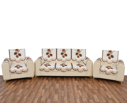 Bigger Fish Poly Cotton Net Fabric Floral Design 5 Seater Sofa Cover with 6 Pcs Arms Cover - 16 Pieces (Brown)