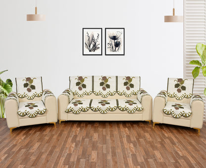 Bigger Fish Poly Cotton Net Fabric Floral Design 5 Seater Sofa Cover with 6 Pcs Arms Cover - 16 Pieces (Green)