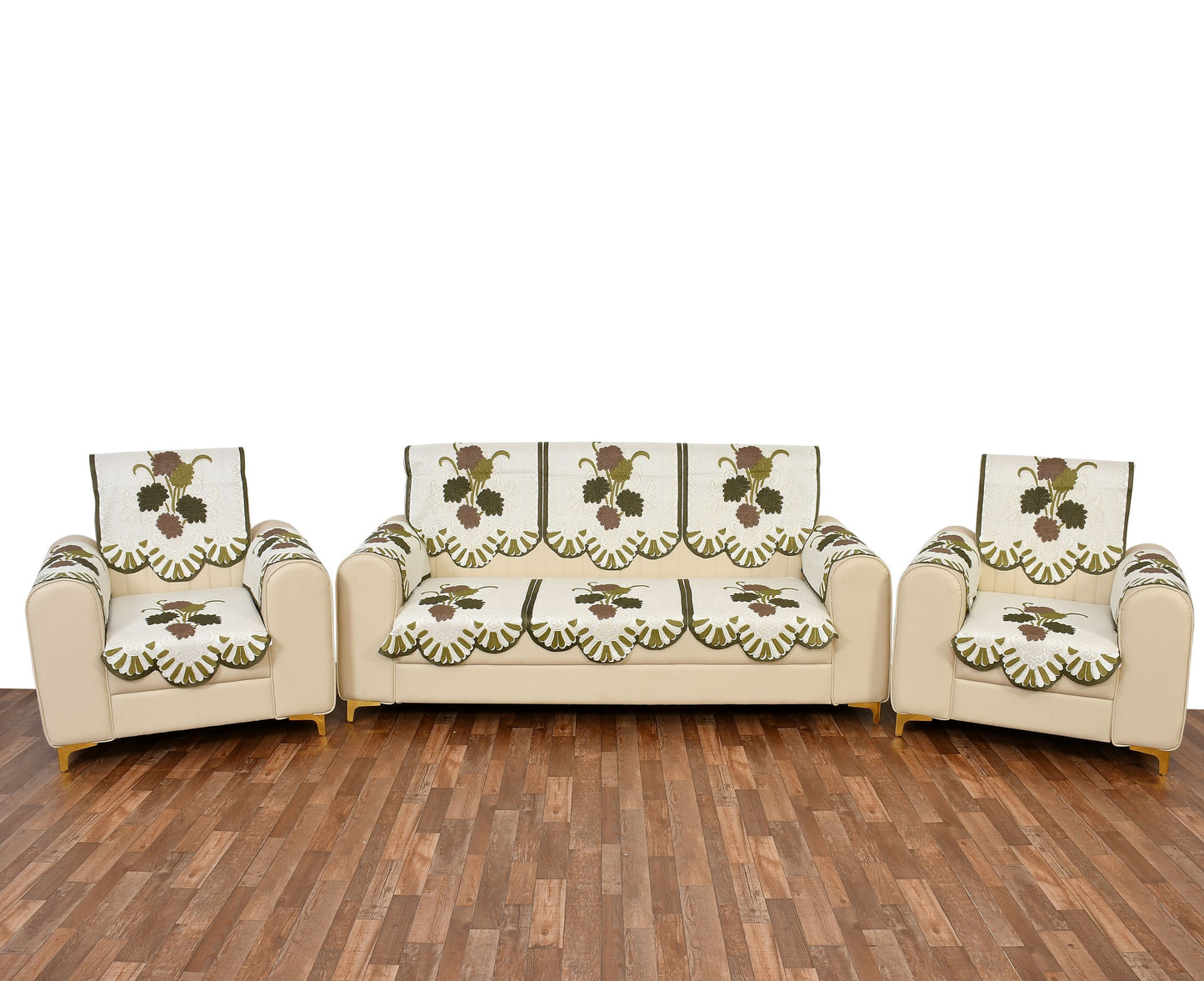 Bigger Fish Poly Cotton Net Fabric Floral Design 5 Seater Sofa Cover with 6 Pcs Arms Cover - 16 Pieces (Green)