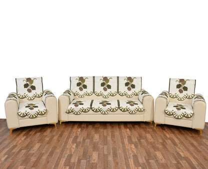 Bigger Fish Poly Cotton Net Fabric Floral Design 5 Seater Sofa Cover with 6 Pcs Arms Cover - 16 Pieces (Green)