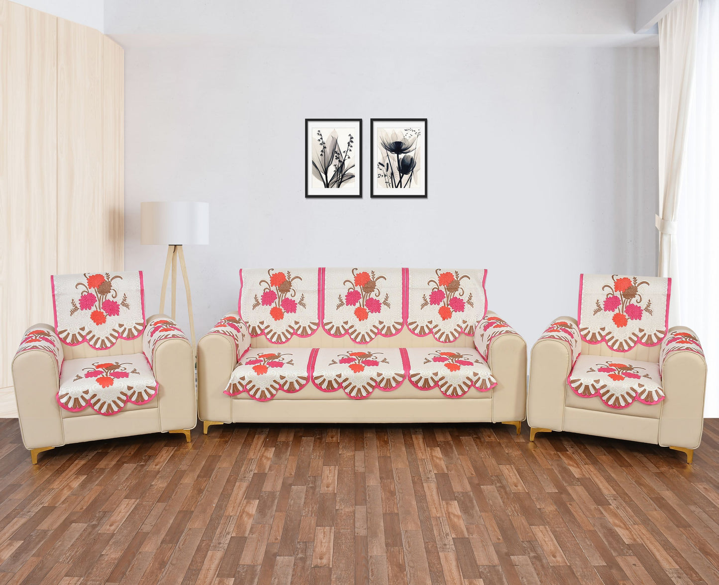 Bigger Fish Poly Cotton Net Fabric Floral Design 5 Seater Sofa Cover with 6 Pcs Arms Cover - 16 Pieces (Pink)