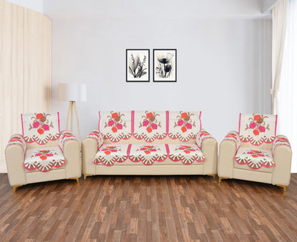 Bigger Fish Poly Cotton Net Fabric Floral Design 5 Seater Sofa Cover with 6 Pcs Arms Cover - 16 Pieces (Pink)