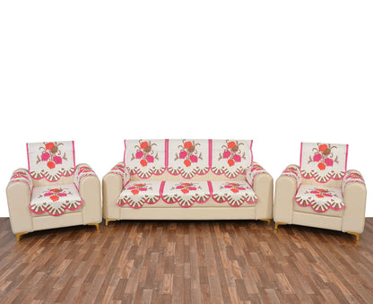 Bigger Fish Poly Cotton Net Fabric Floral Design 5 Seater Sofa Cover with 6 Pcs Arms Cover - 16 Pieces (Pink)