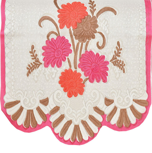 Bigger Fish Poly Cotton Net Fabric Floral Design 5 Seater Sofa Cover with 6 Pcs Arms Cover - 16 Pieces (Pink)