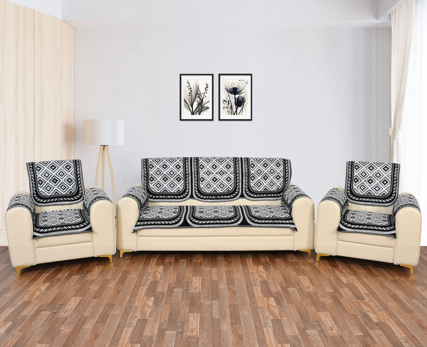 Bigger Fish Poly Cotton Net Fabric Floral Design 5 Seater Sofa Cover with 6 Pcs Arms Cover - 16 Pieces (Grey)