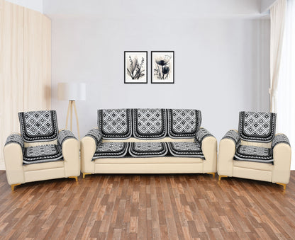 Bigger Fish Poly Cotton Net Fabric Floral Design 5 Seater Sofa Cover with 6 Pcs Arms Cover - 16 Pieces (Grey)