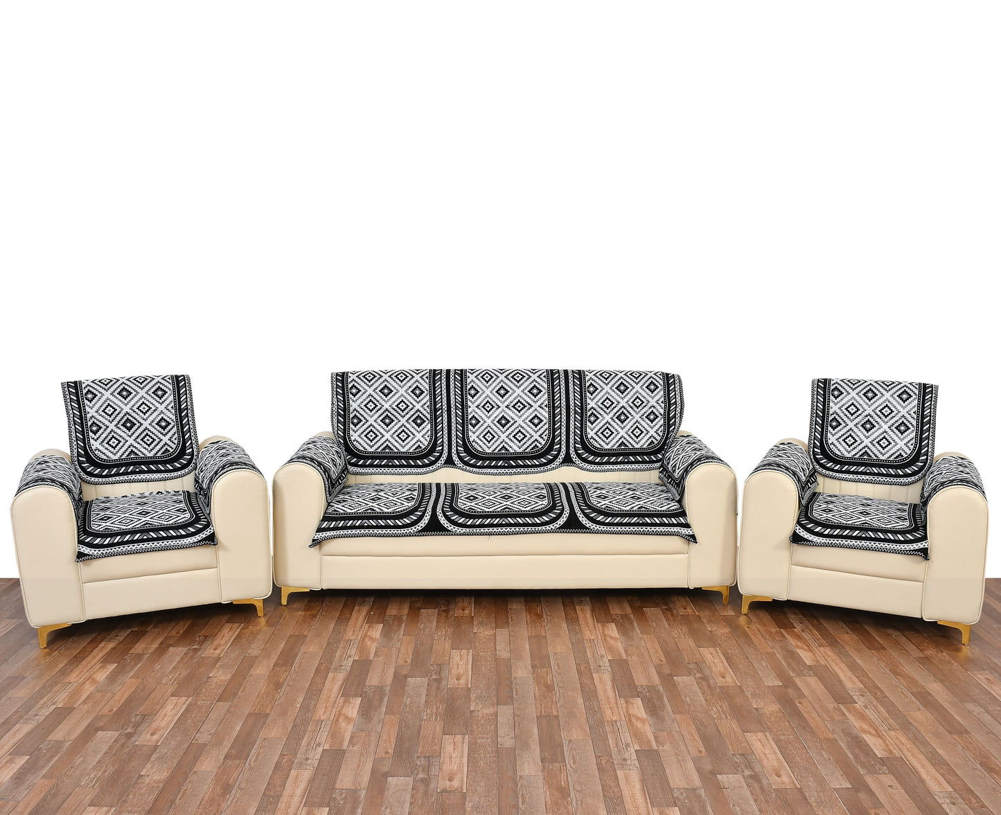 Bigger Fish Poly Cotton Net Fabric Floral Design 5 Seater Sofa Cover with 6 Pcs Arms Cover - 16 Pieces (Grey)