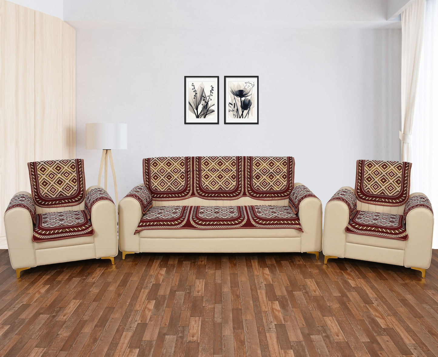 Bigger Fish Poly Cotton Net Fabric Floral Design 5 Seater Sofa Cover with 6 Pcs Arms Cover - 16 Pieces (Maroon)